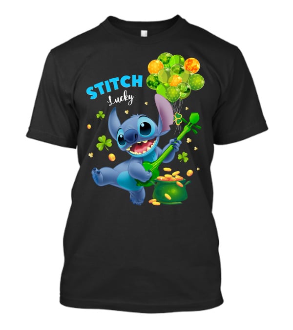 Stitch Lucky Balloons And Shamrock Celebration T-Shirt
