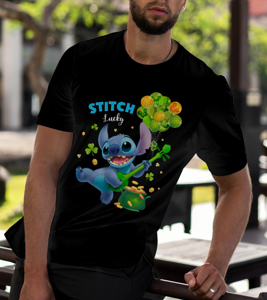 Stitch Lucky Balloons And Shamrock Celebration T-Shirt
