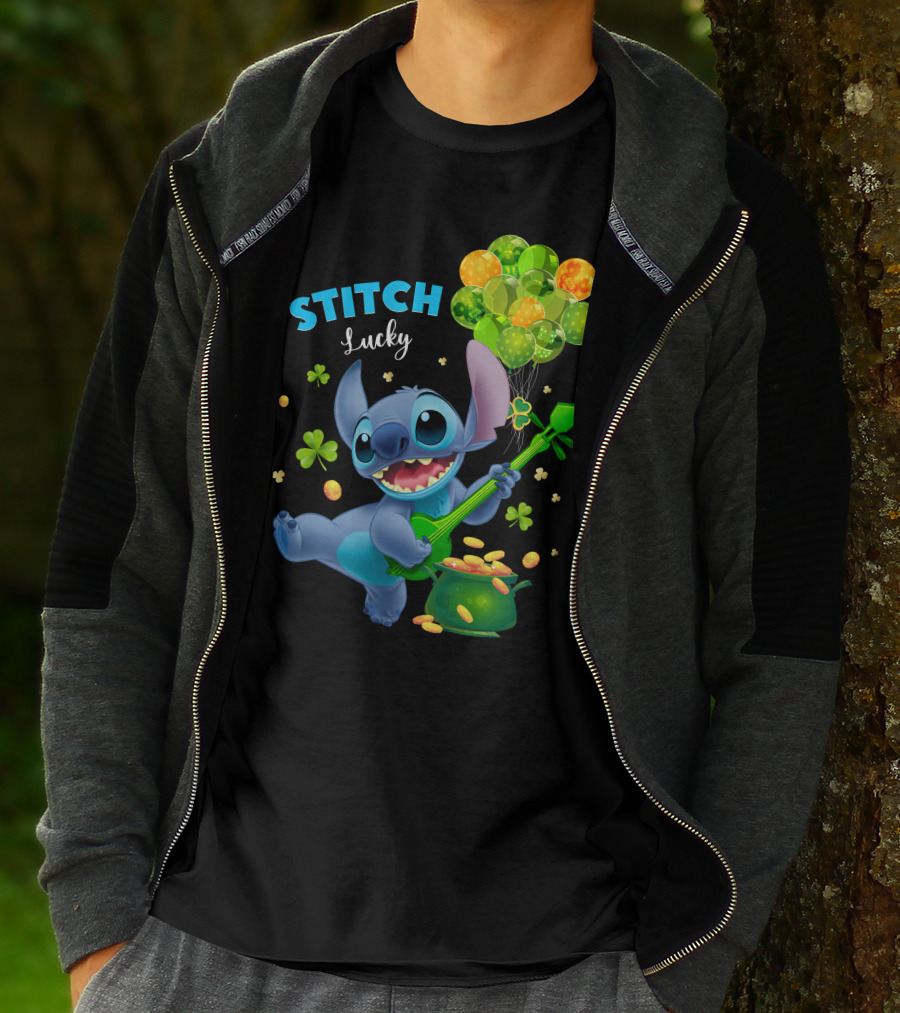 Stitch Lucky Balloons And Shamrock Celebration T-Shirt