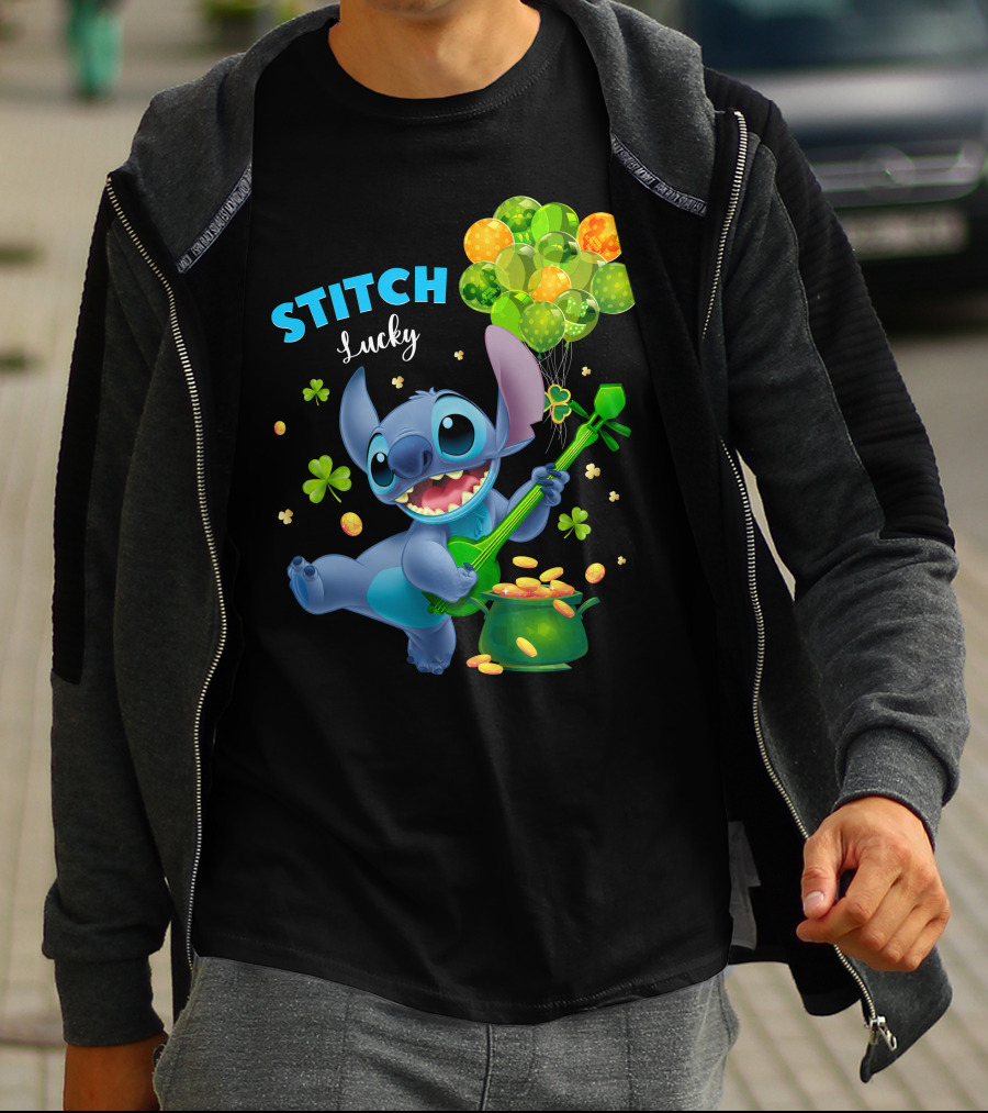 Stitch Lucky Balloons And Shamrock Celebration T-Shirt