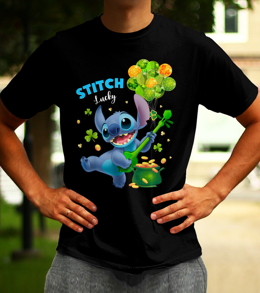 Stitch Lucky Balloons And Shamrock Celebration T-Shirt