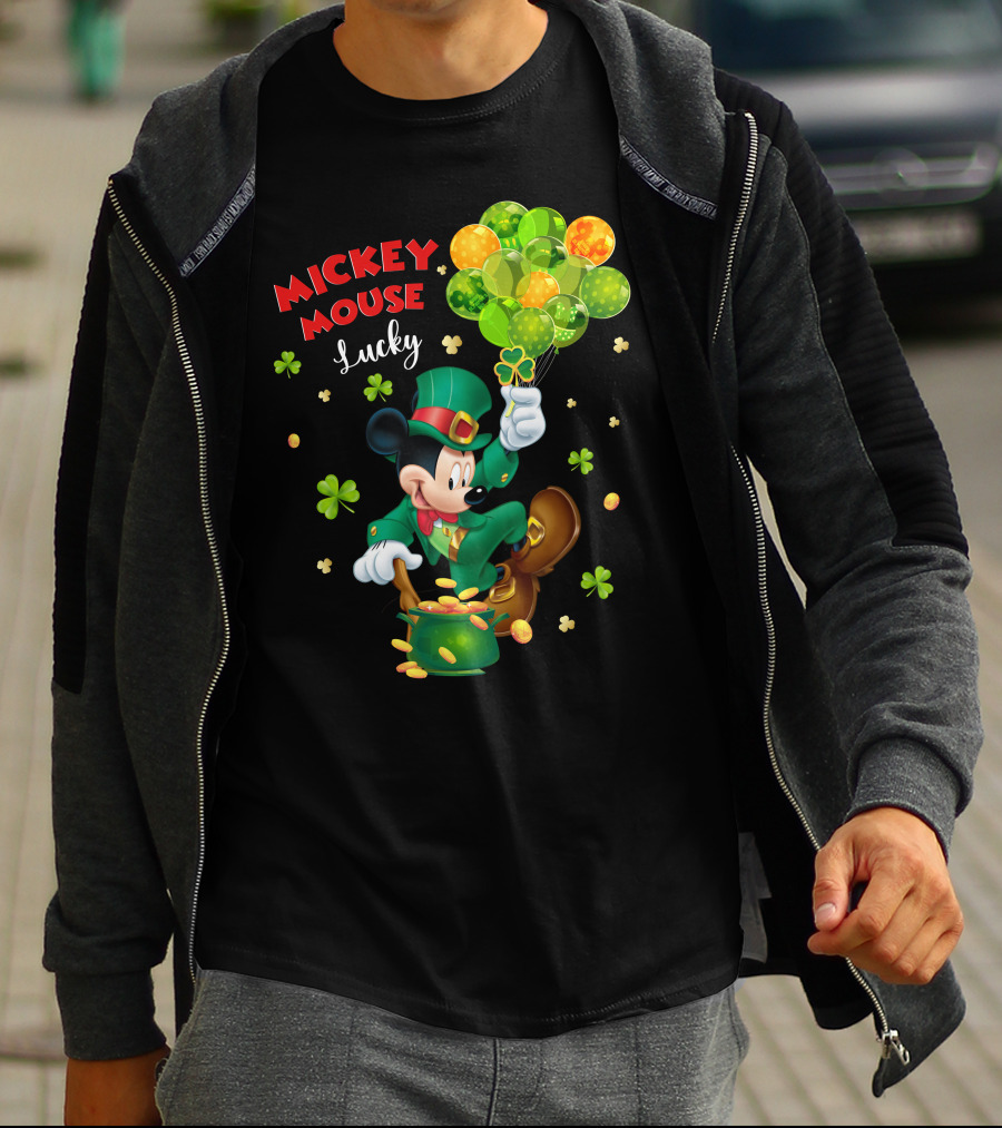 Mickey Mouse Lucky Shamrock Balloons Leprechaun Coins T-Shirt