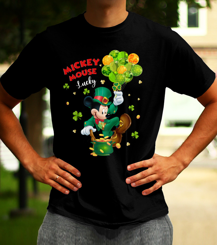 Mickey Mouse Lucky Shamrock Balloons Leprechaun Coins T-Shirt