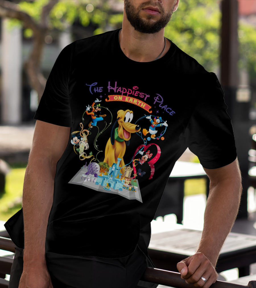 The Happiest Place On Earth Pluto Mickey Mouse Donald Duck Goofy Minnie Mouse Disney World Map T-Shirt