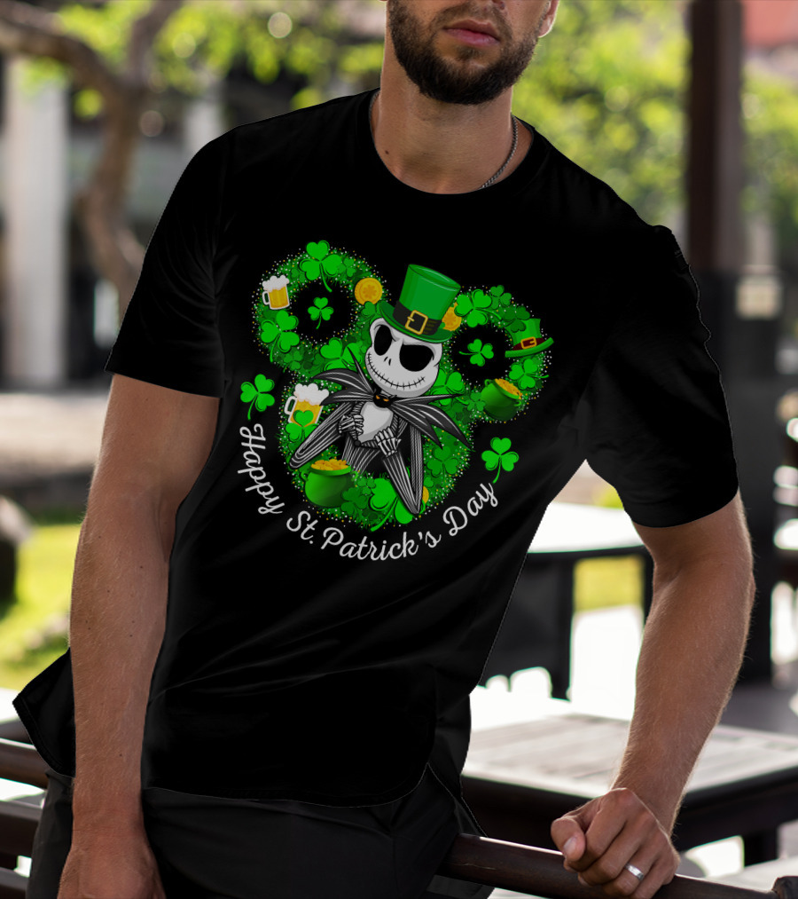 Jack Skellington Happy St. Patrick's Day Shamrocks And Leprechaun Hat T-Shirt