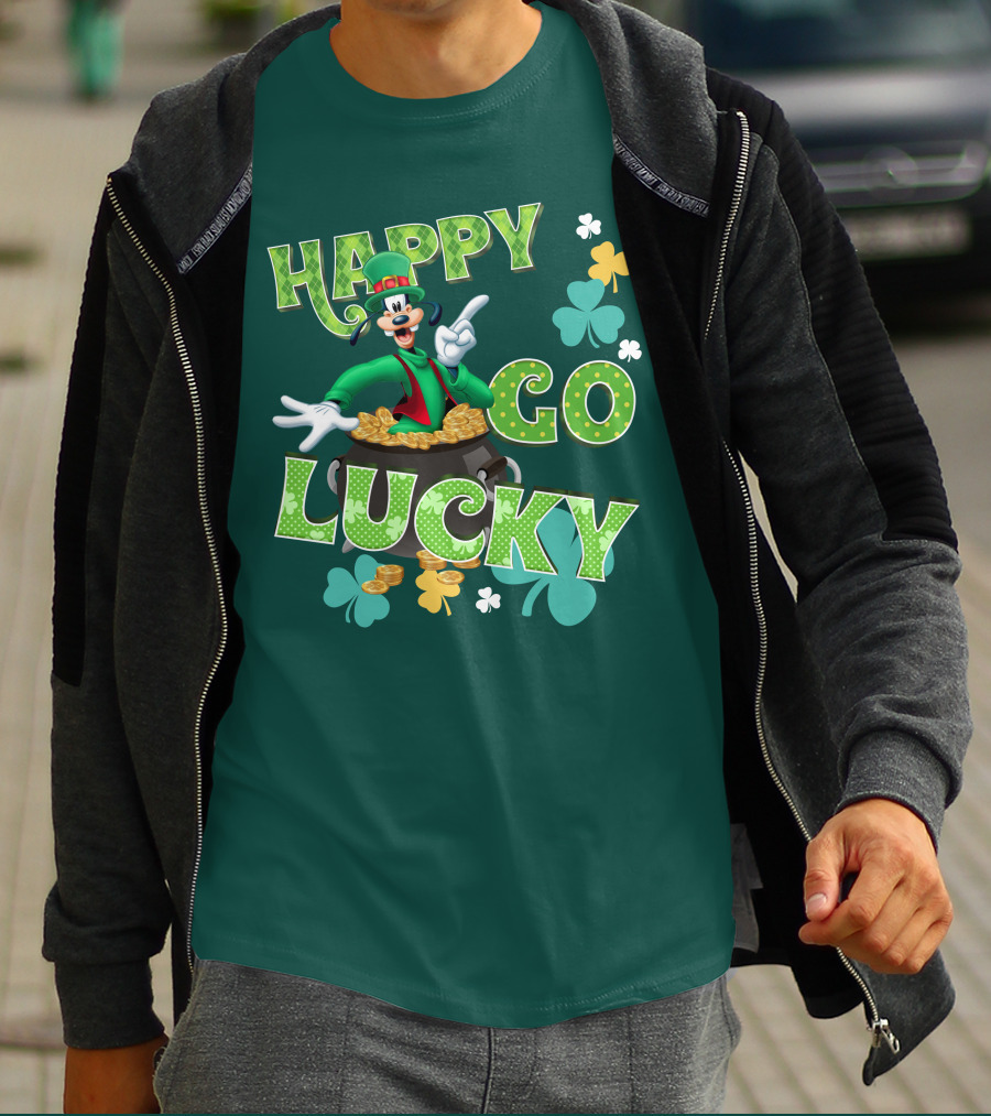 Happy Go Lucky Goofy Pot Of Gold Shamrocks T-Shirt