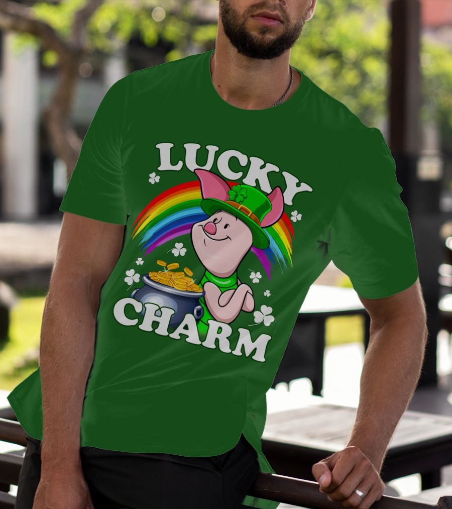 Lucky Charm With Piglet In Leprechaun Hat And Rainbow T-Shirt