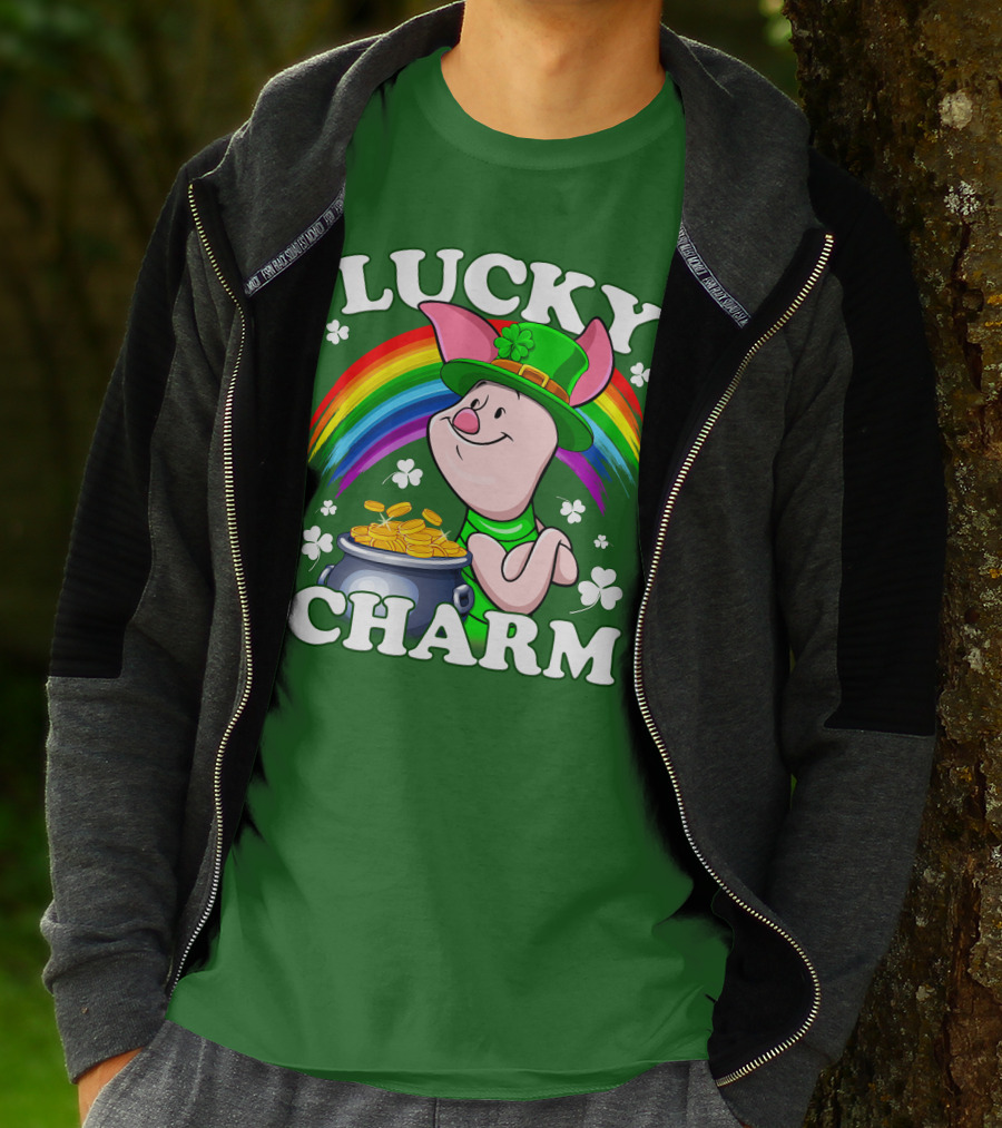 Lucky Charm With Piglet In Leprechaun Hat And Rainbow T-Shirt