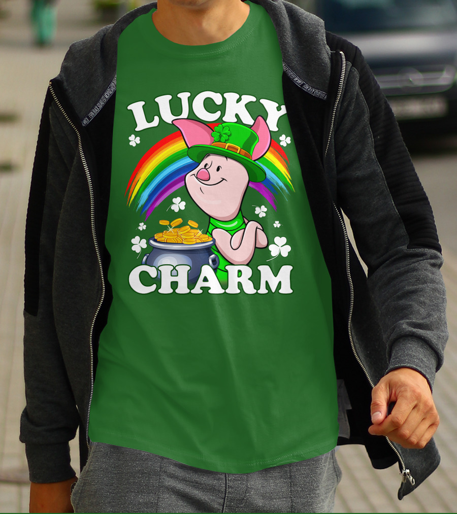 Lucky Charm With Piglet In Leprechaun Hat And Rainbow T-Shirt