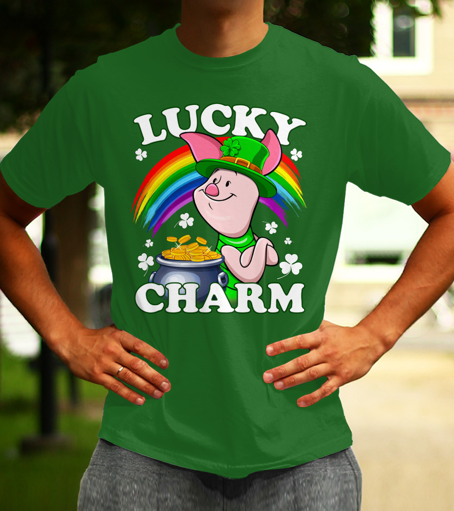 Lucky Charm With Piglet In Leprechaun Hat And Rainbow T-Shirt