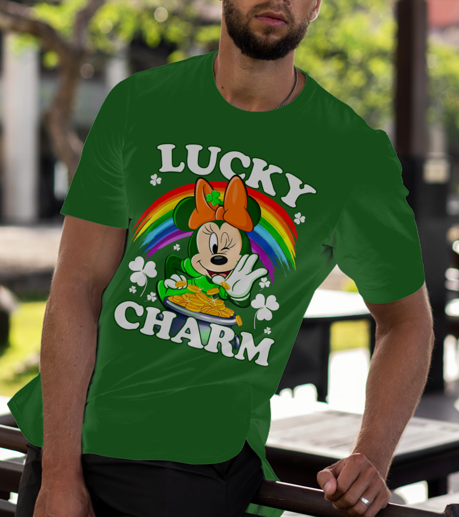 Lucky Charm Rainbow Minnie With Pot Of Gold And Shamrocks T-Shirt