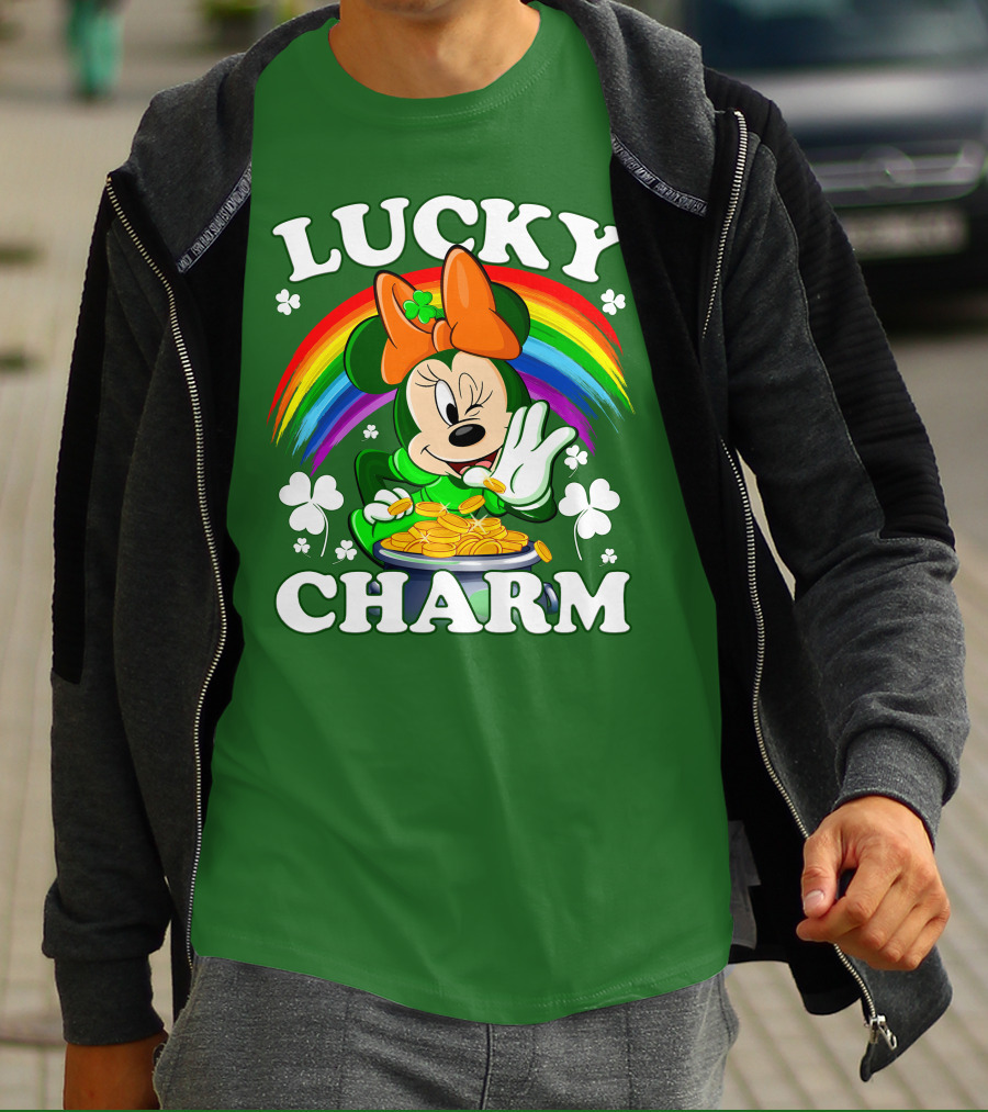 Lucky Charm Rainbow Minnie With Pot Of Gold And Shamrocks T-Shirt