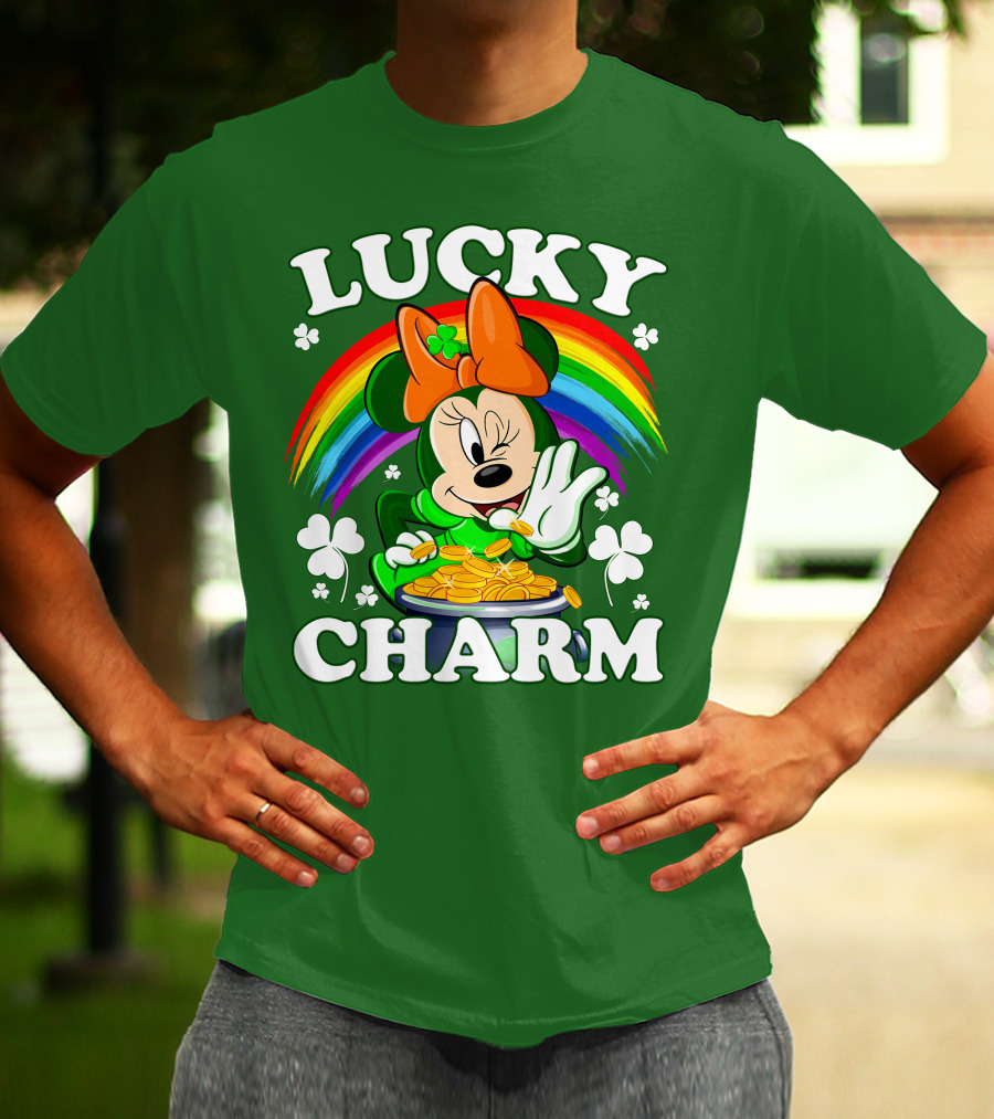Lucky Charm Rainbow Minnie With Pot Of Gold And Shamrocks T-Shirt