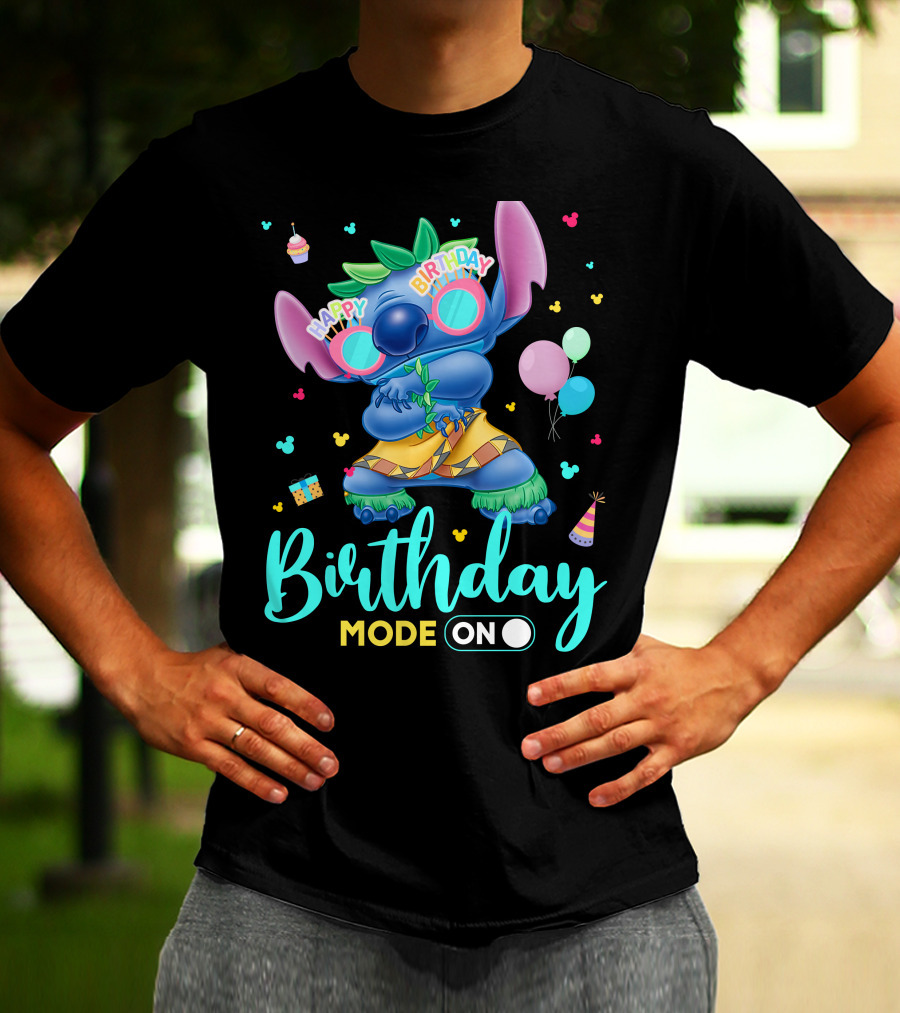 Stitch Birthday Mode On With Balloons And Cupcake T-Shirt