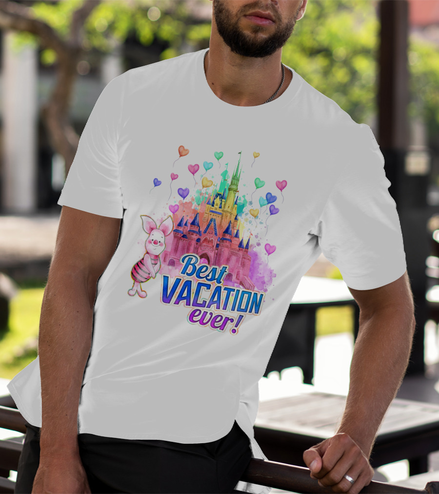 Piglet Best Vacation Ever Colorful Castle And Hearts T-Shirt