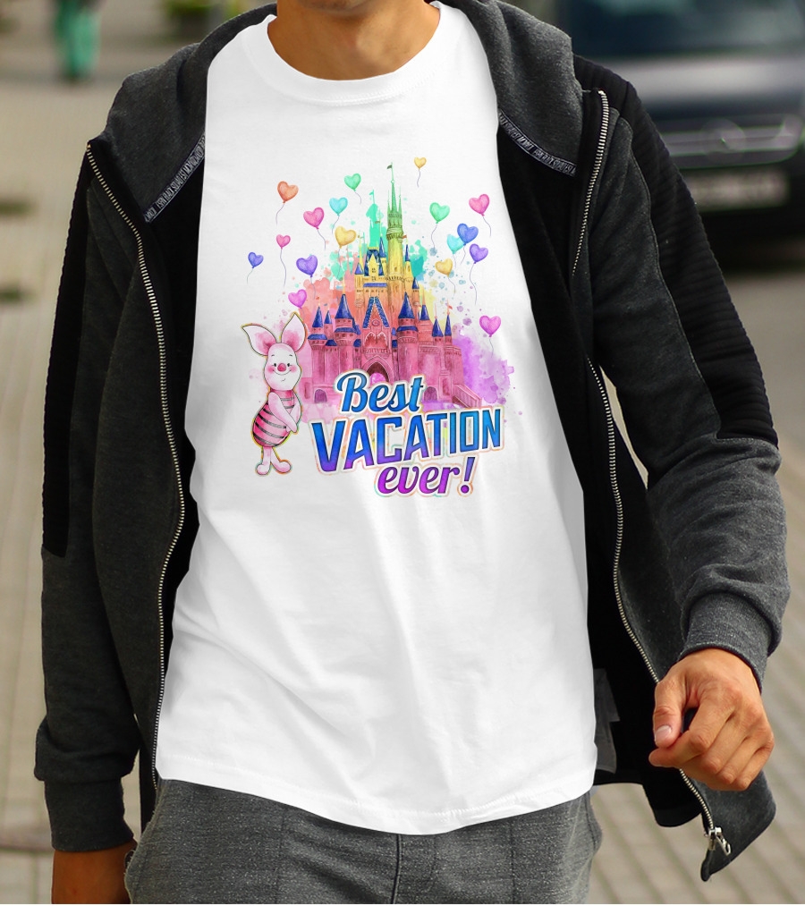 Piglet Best Vacation Ever Colorful Castle And Hearts T-Shirt