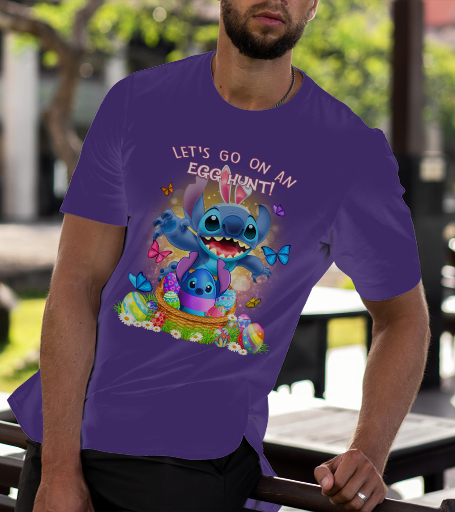 Let's Go On An Egg Hunt With Stitch Basket Of Eggs And Butterflies T-Shirt