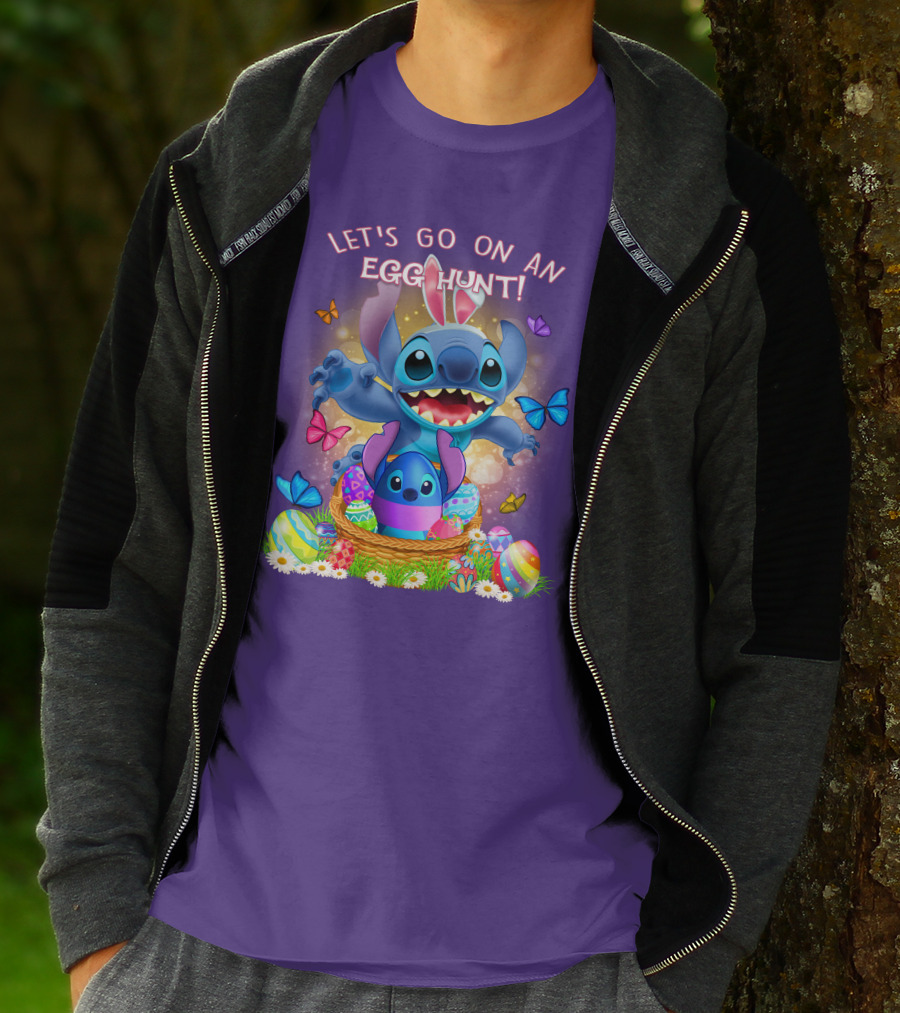 Let's Go On An Egg Hunt With Stitch Basket Of Eggs And Butterflies T-Shirt