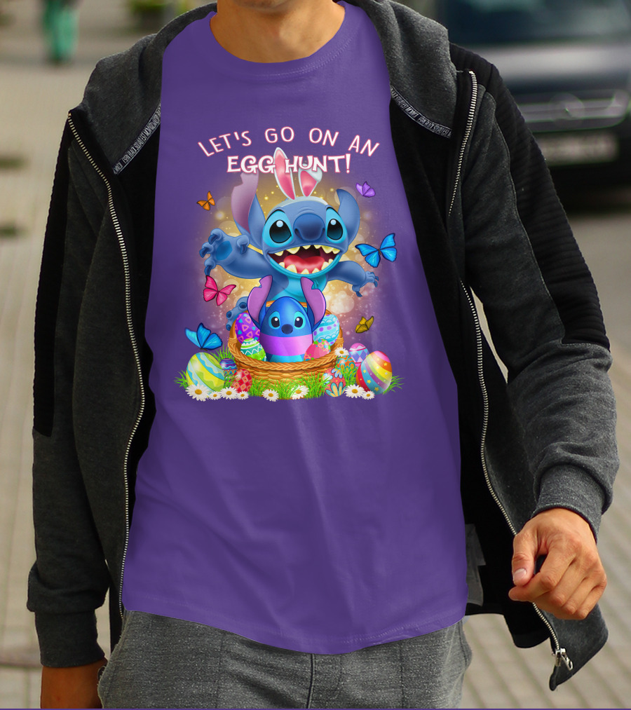 Let's Go On An Egg Hunt With Stitch Basket Of Eggs And Butterflies T-Shirt