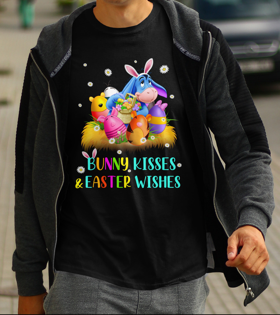 Bunny Kisses And Easter Wishes Eeyore Colorful Eggs Basket T-Shirt