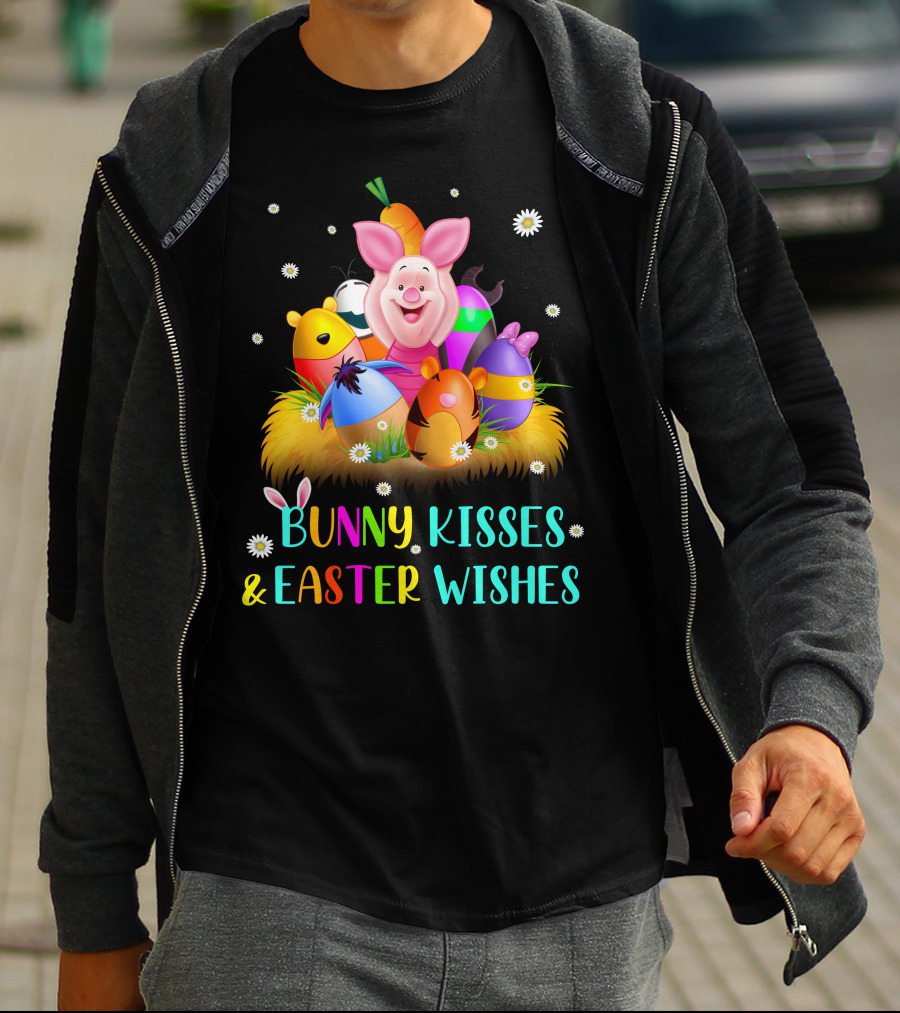Bunny Kisses & Easter Wishes Piglet Colorful Eggs And Flowers T-Shirt