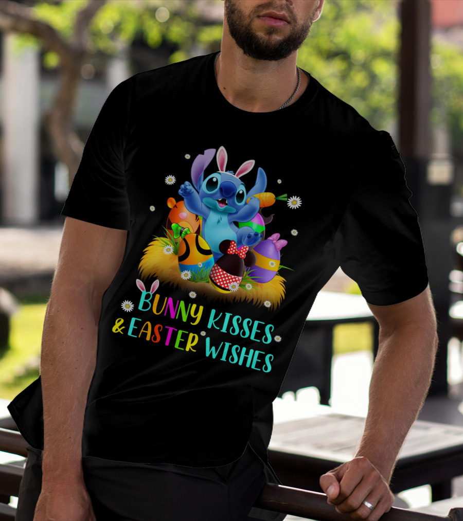 Bunny Kisses & Easter Wishes Stitch With Colorful Eggs And Spring Flowers T-Shirt