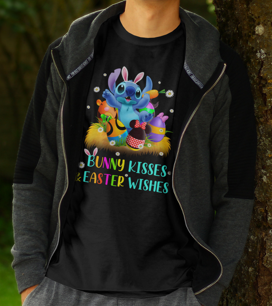 Bunny Kisses & Easter Wishes Stitch With Colorful Eggs And Spring Flowers T-Shirt