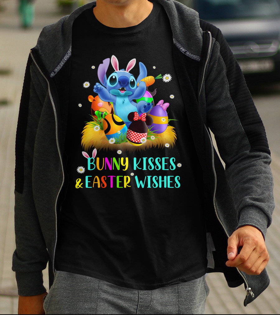 Bunny Kisses & Easter Wishes Stitch With Colorful Eggs And Spring Flowers T-Shirt