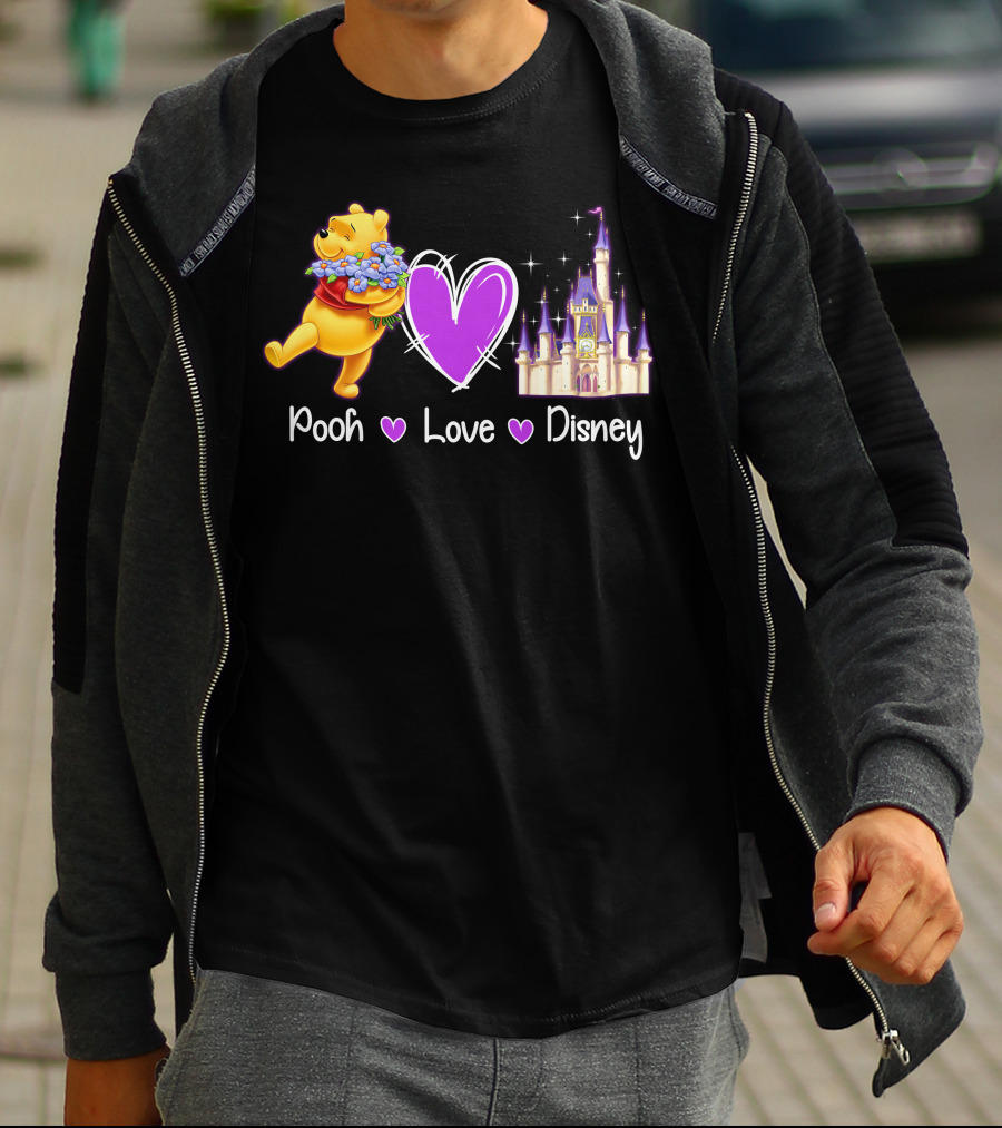 Pooh Love Disney With Purple Heart And Castle T-Shirt