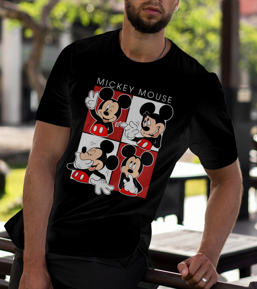 Mickey Mouse Expressive Poses Red And White Comic Panel T-Shirt