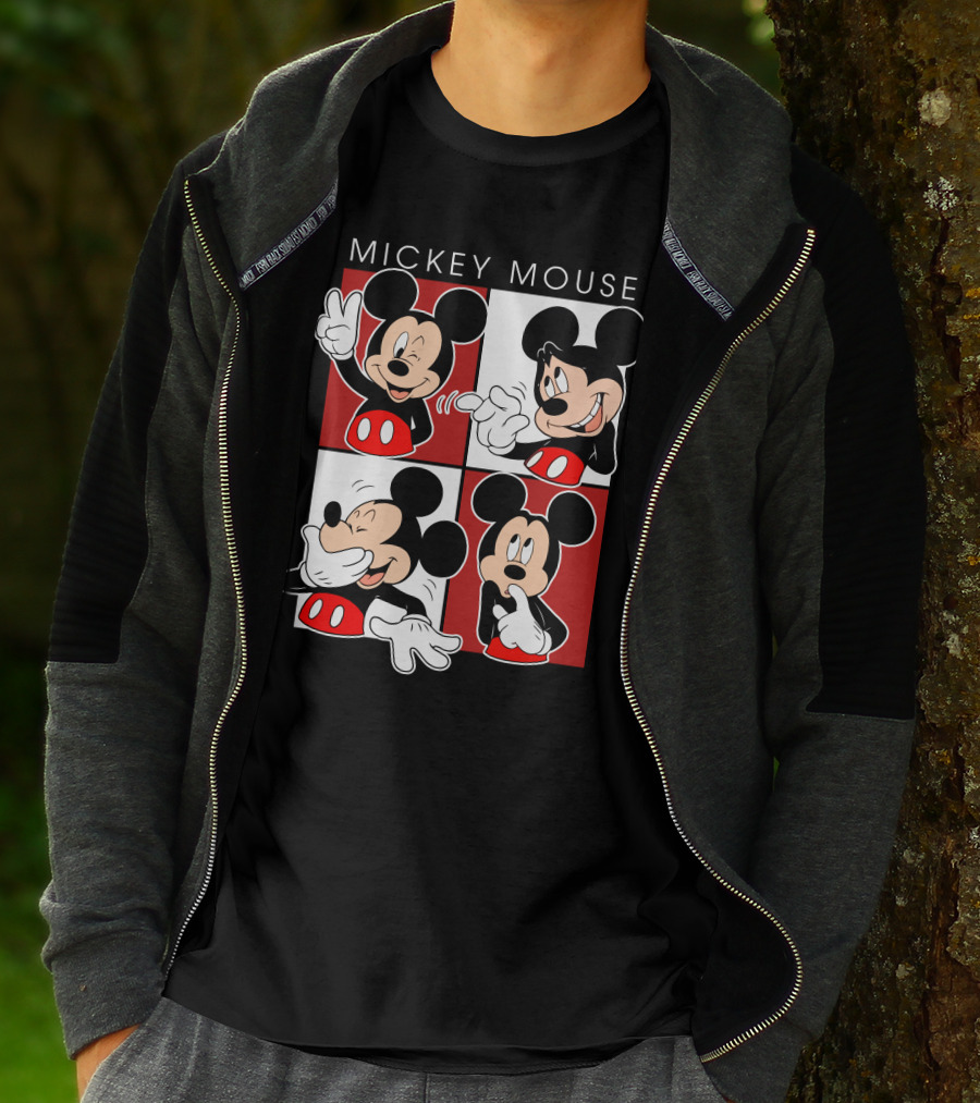 Mickey Mouse Expressive Poses Red And White Comic Panel T-Shirt