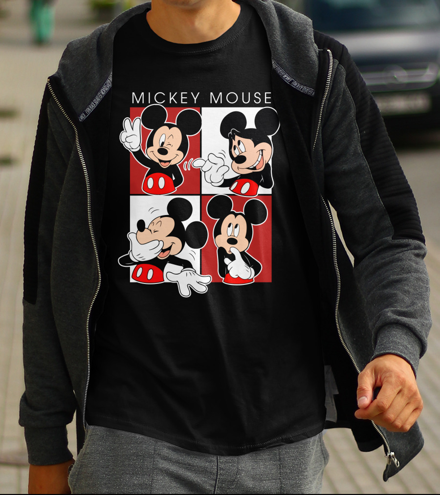 Mickey Mouse Expressive Poses Red And White Comic Panel T-Shirt