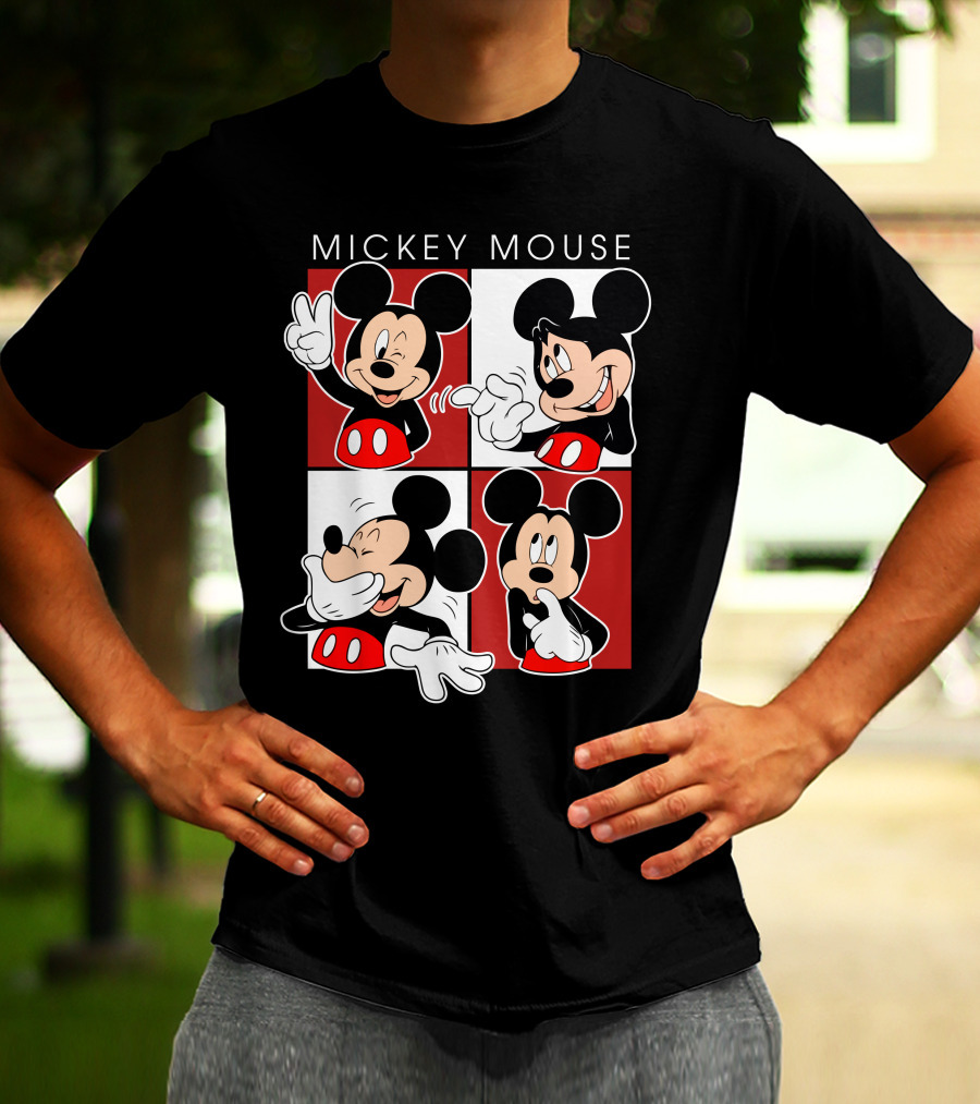 Mickey Mouse Expressive Poses Red And White Comic Panel T-Shirt
