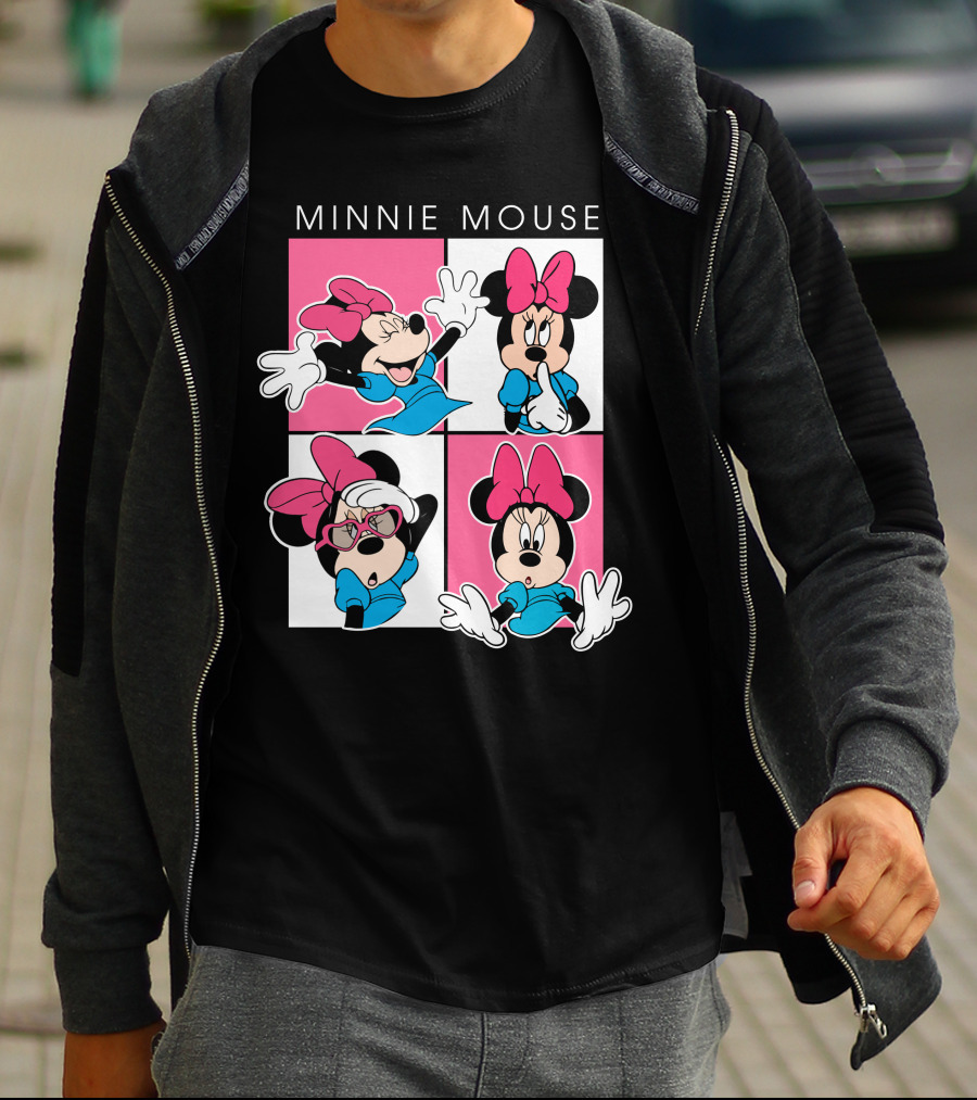 Minnie Mouse Expressive Poses In Blue Dress And Pink Bows T-Shirt