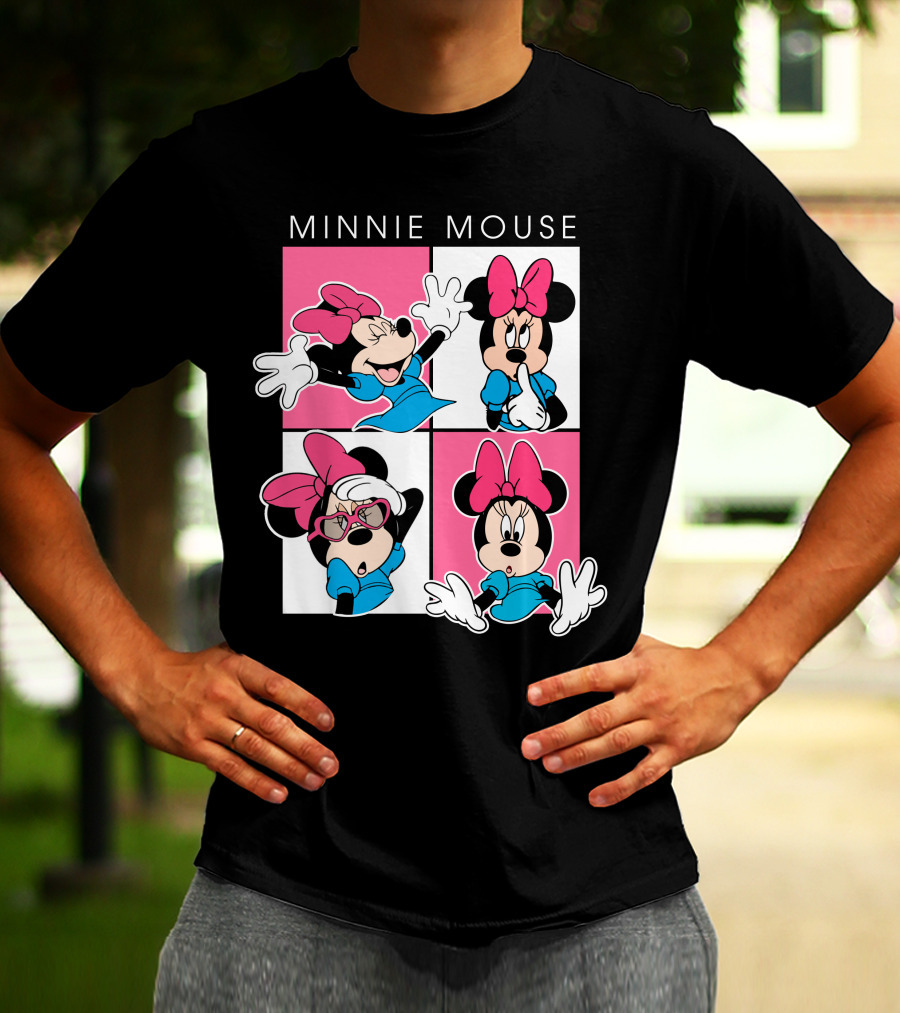 Minnie Mouse Expressive Poses In Blue Dress And Pink Bows T-Shirt