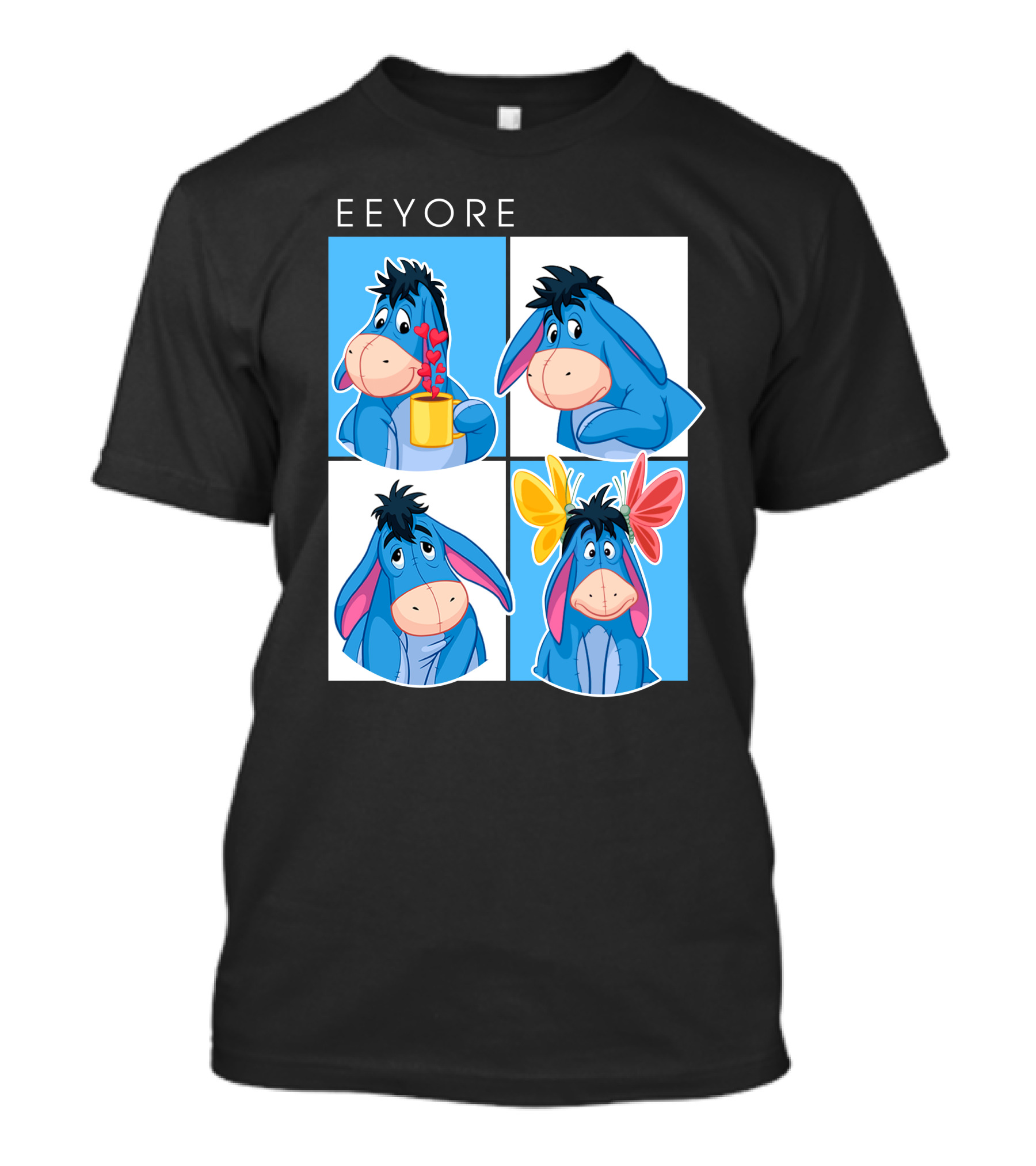 Eeyore Cartoon Expressions With Flowers And Mug T-Shirt