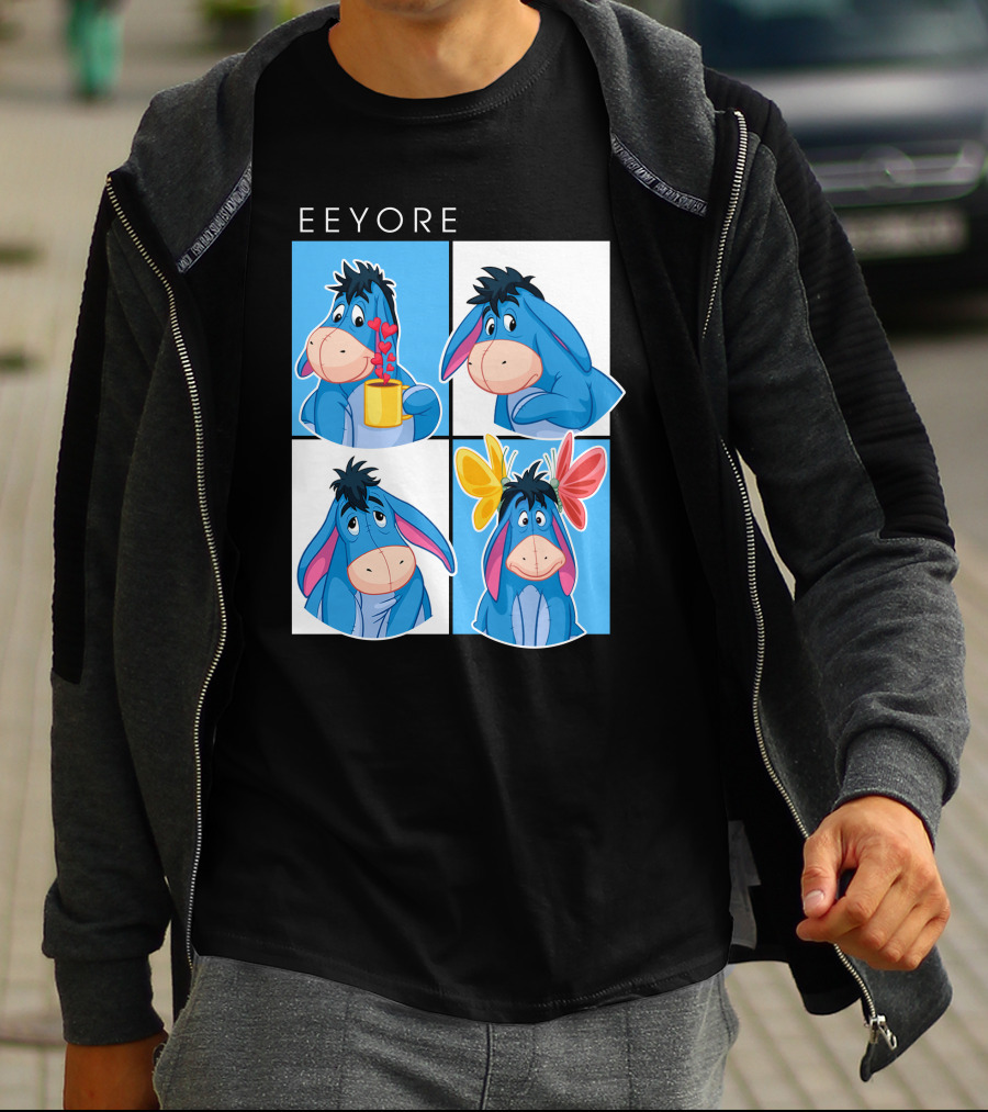 Eeyore Cartoon Expressions With Flowers And Mug T-Shirt