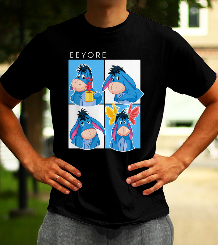 Eeyore Cartoon Expressions With Flowers And Mug T-Shirt