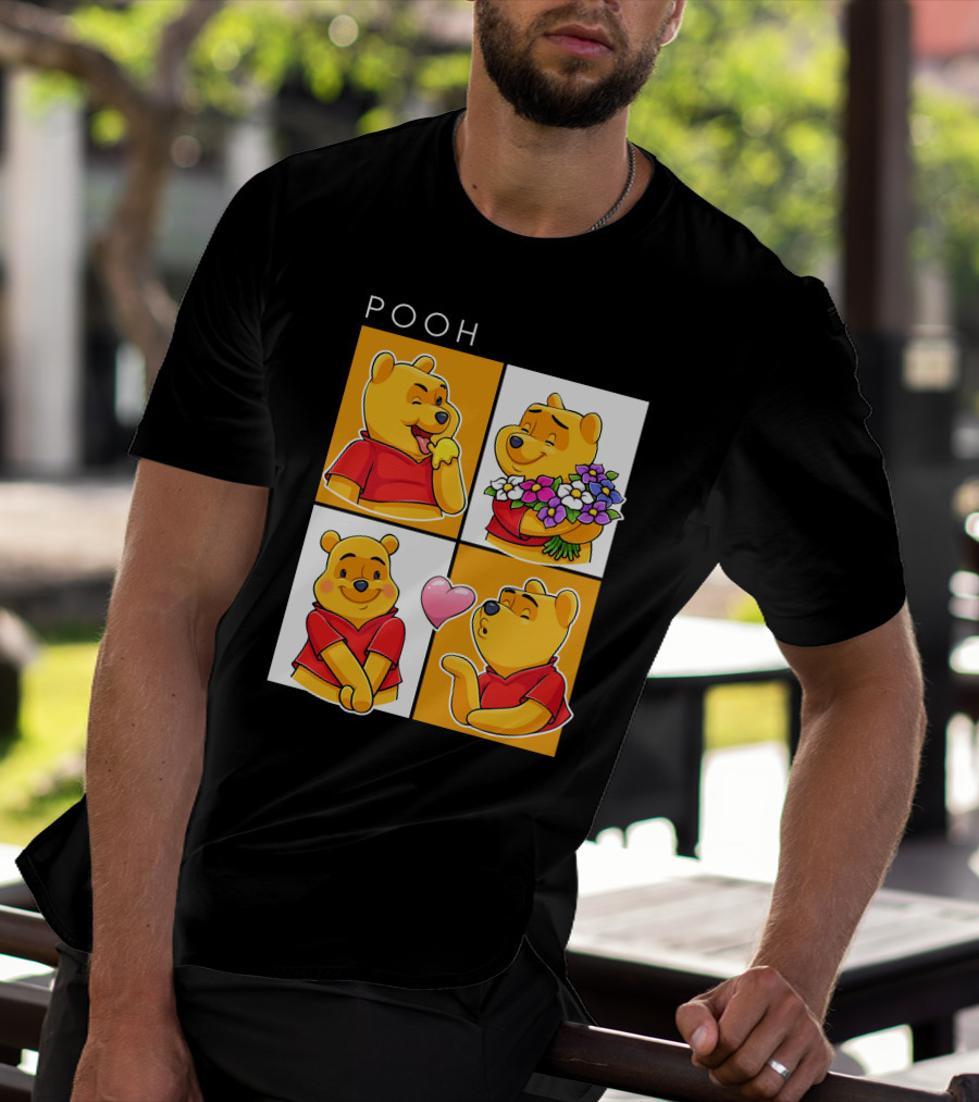 Pooh Cute Expressions And Flowers With Heart T-Shirt