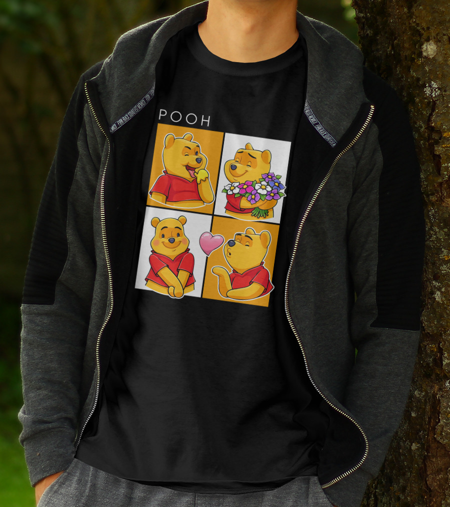 Pooh Cute Expressions And Flowers With Heart T-Shirt