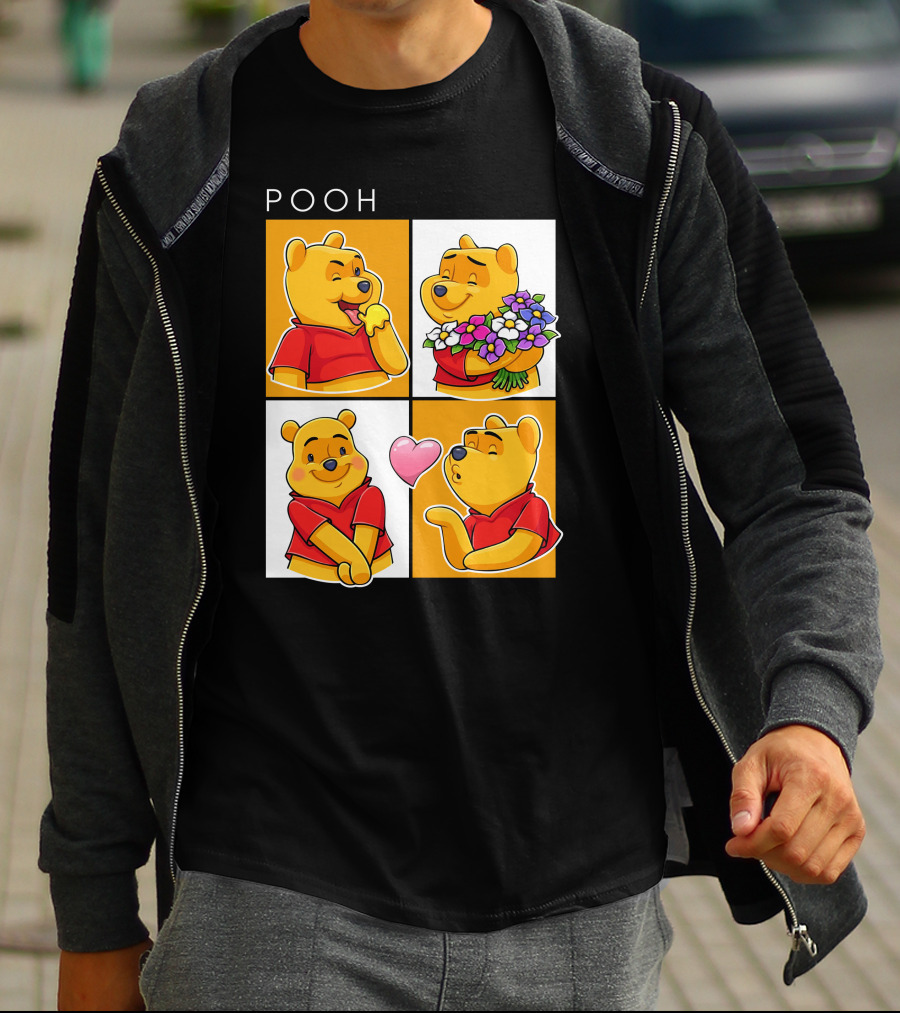 Pooh Cute Expressions And Flowers With Heart T-Shirt