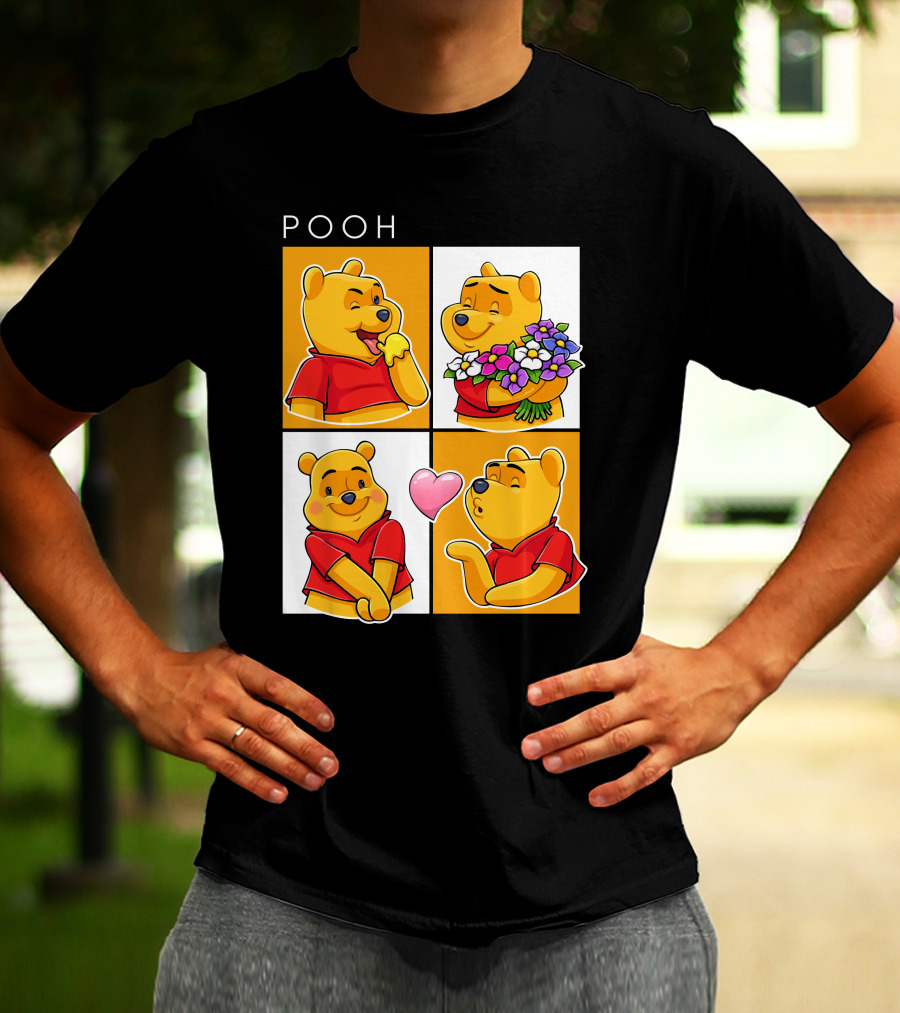 Pooh Cute Expressions And Flowers With Heart T-Shirt