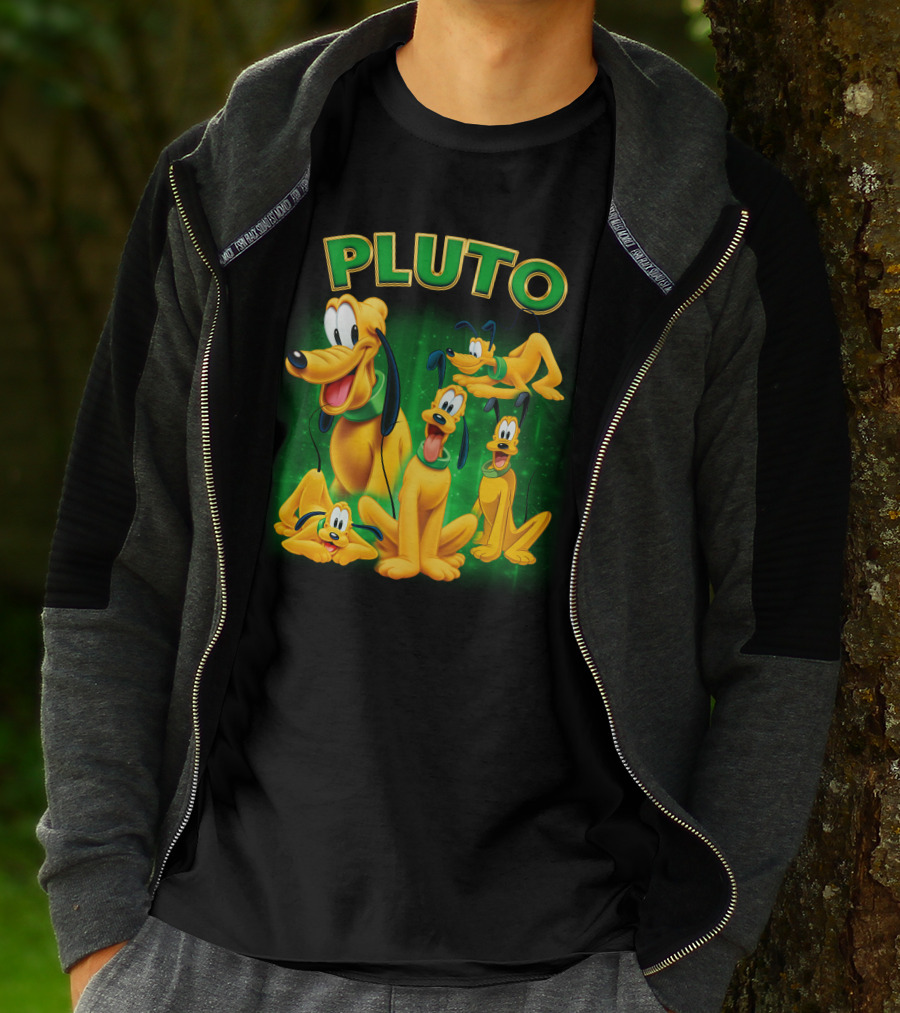 Pluto Classic Disney Character With Multiple Expressions On Green T-Shirt