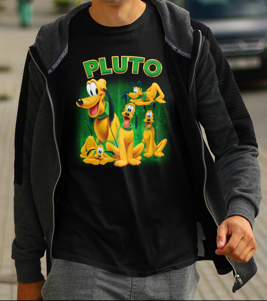 Pluto Classic Disney Character With Multiple Expressions On Green T-Shirt
