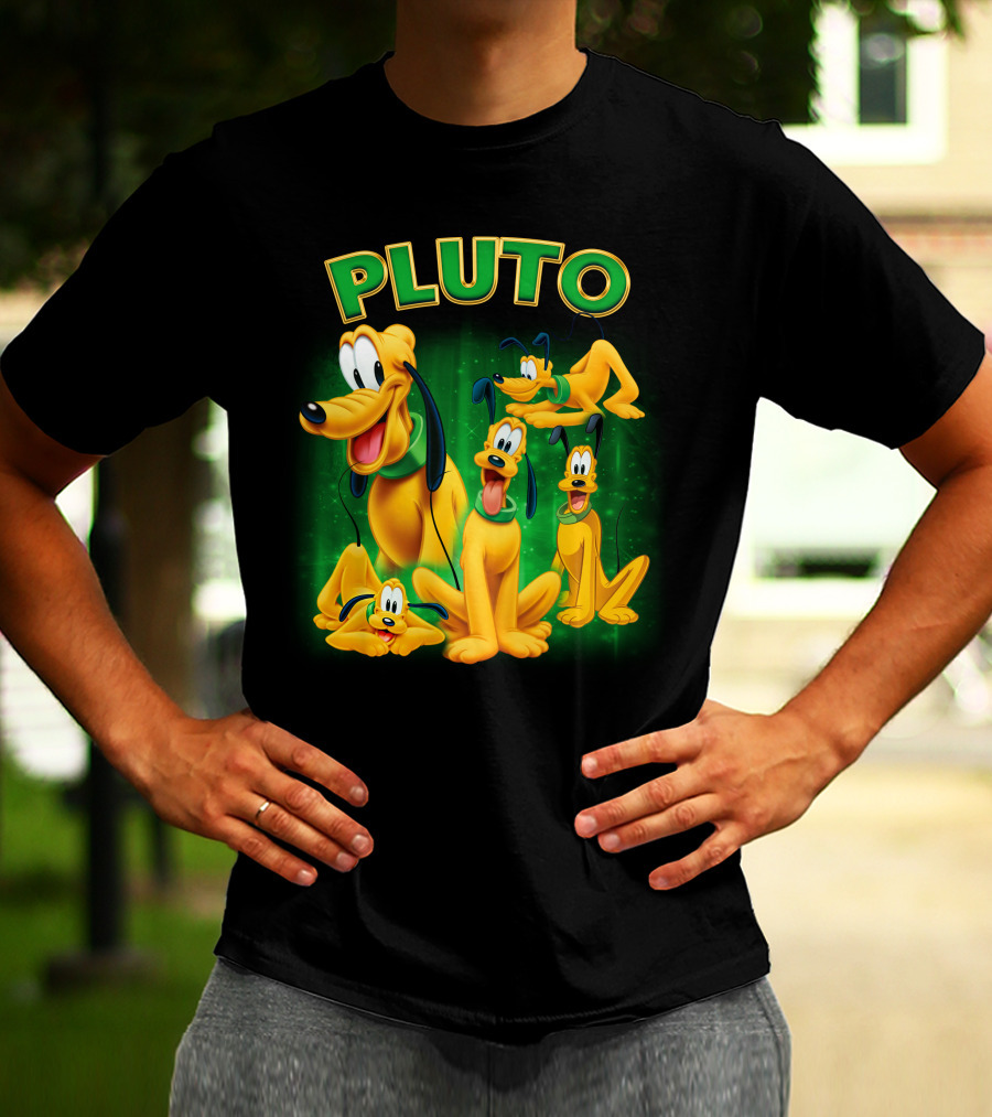 Pluto Classic Disney Character With Multiple Expressions On Green T-Shirt