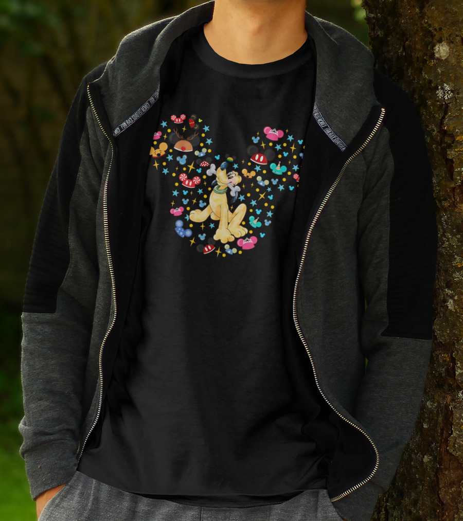 Pluto Surrounded By Mickey Mouse Ears And Holiday Icons T-Shirt