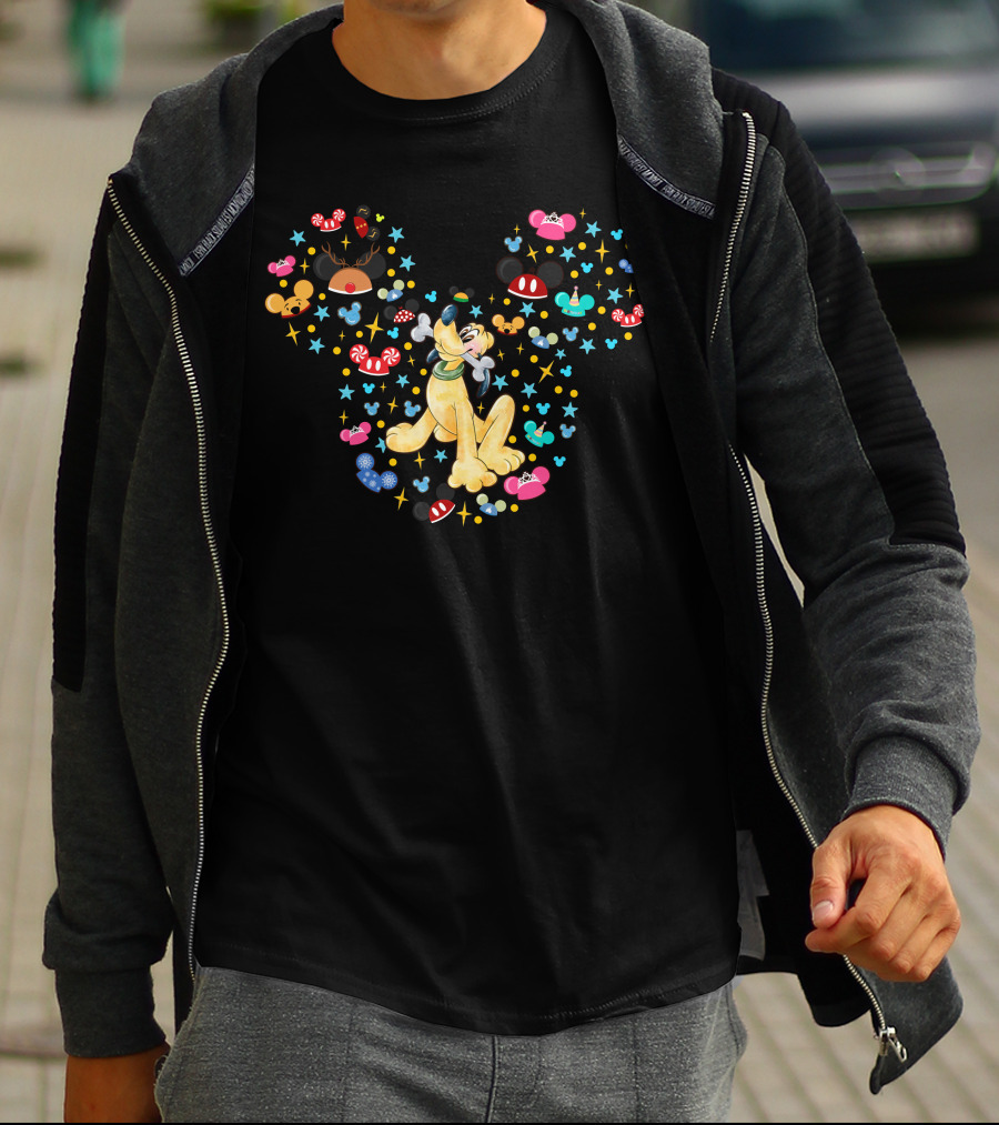 Pluto Surrounded By Mickey Mouse Ears And Holiday Icons T-Shirt