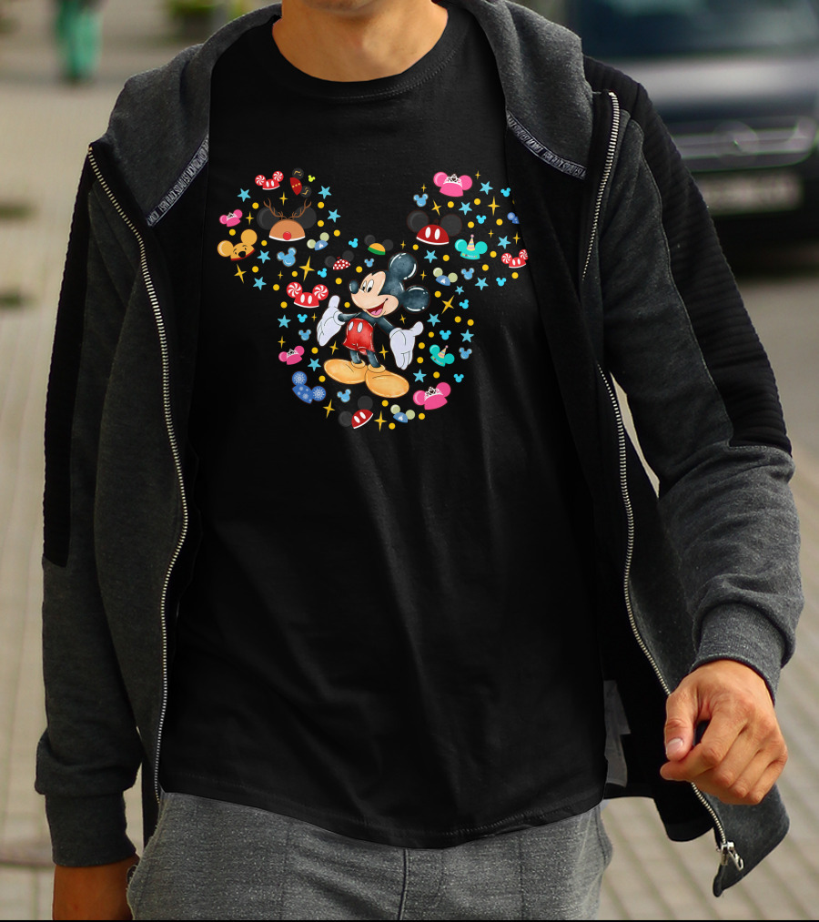 Mickey Mouse Icon With Holiday Ears And Candy Elements T-Shirt