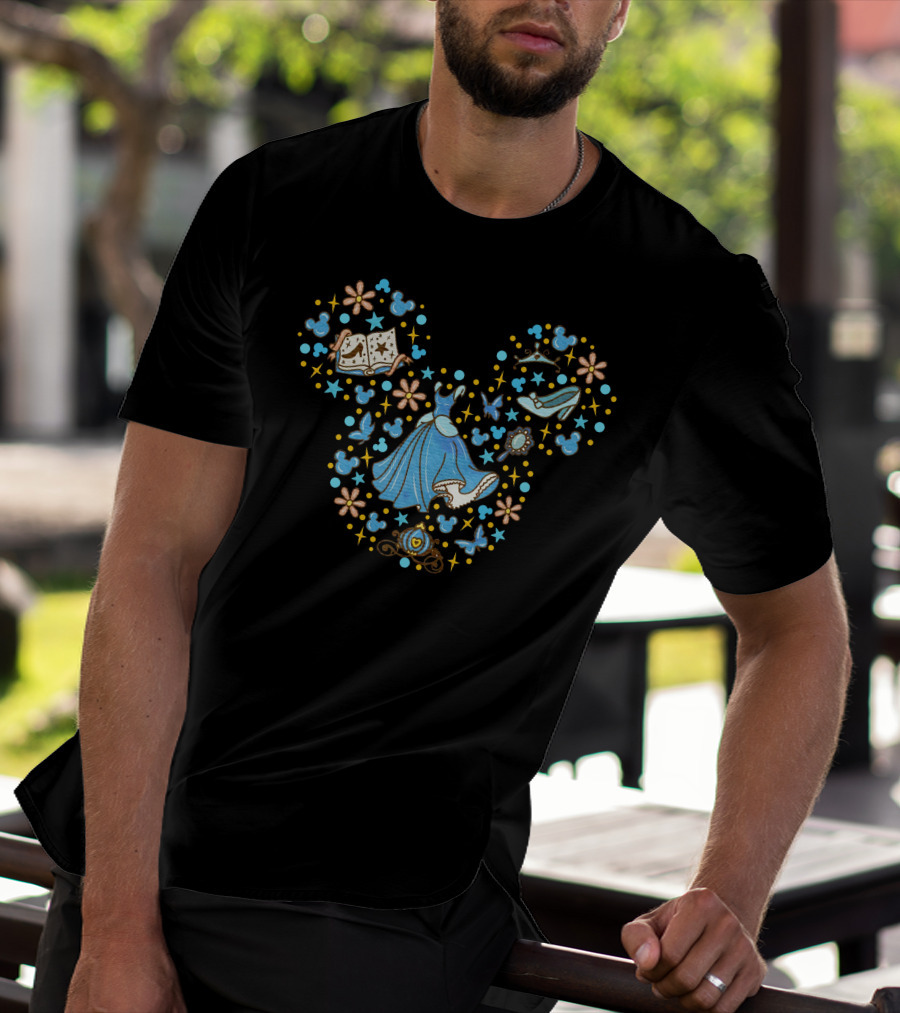 Cinderella Mickey Mouse Head Icon With Glass Slipper And Magic Elements T-Shirt