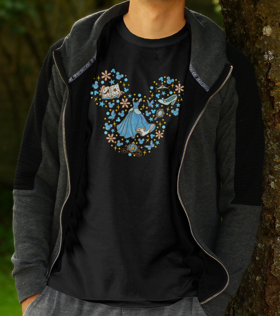 Cinderella Mickey Mouse Head Icon With Glass Slipper And Magic Elements T-Shirt
